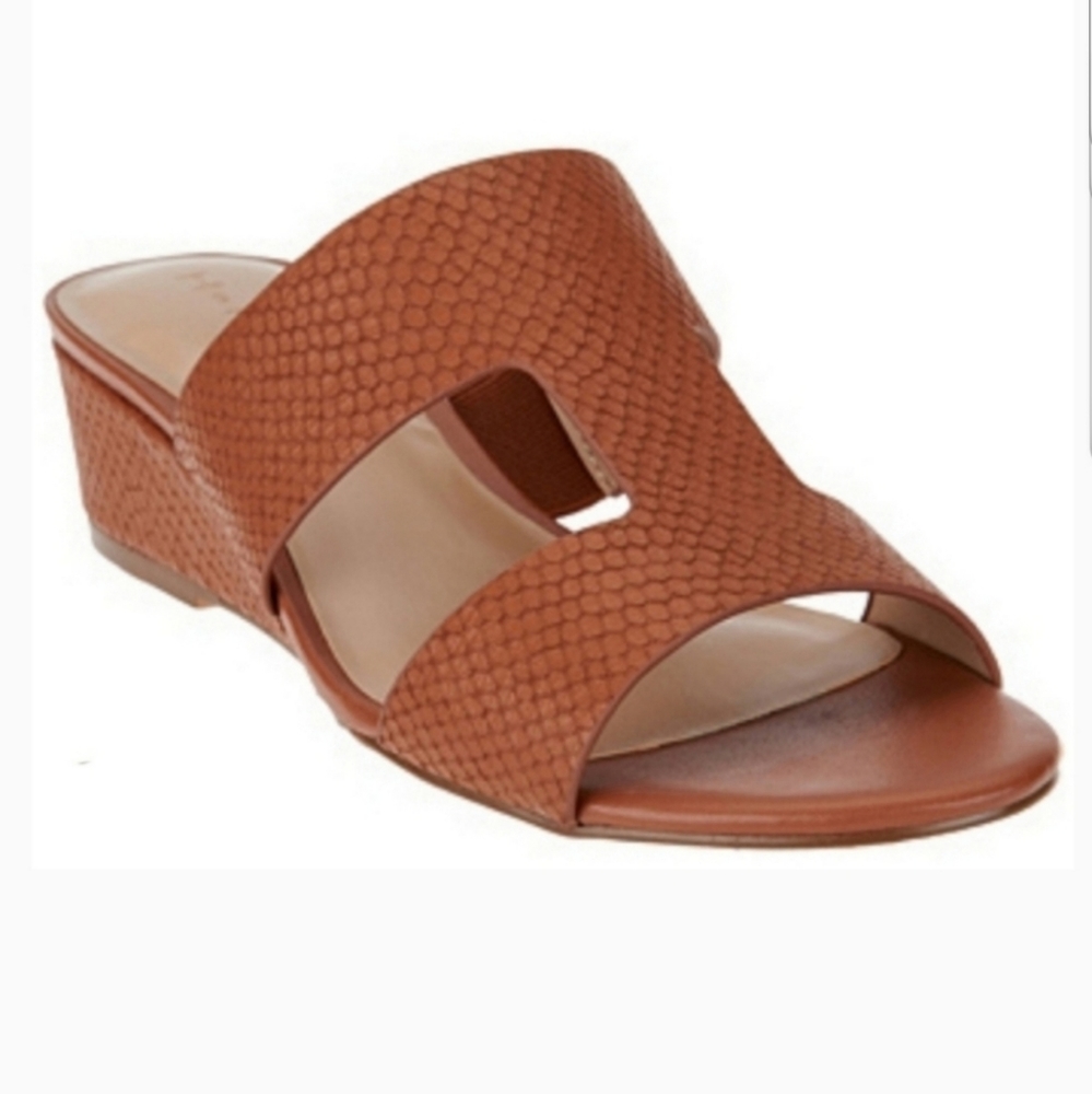 Leather Snake Embrossed Slides Sandals Brown H by Halston